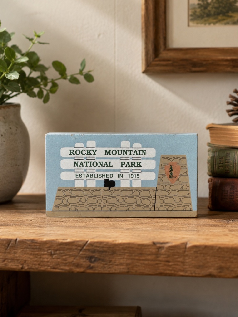 Cat’s Meow Rocky Mountain National Park Sign Estes Park CO 1999 Wood Shelf Sitte